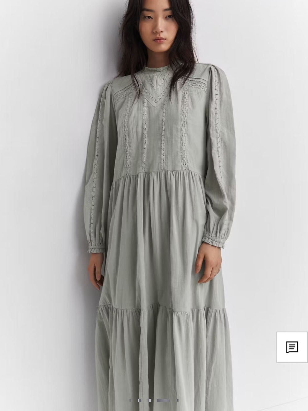 Long Sleeve cotton Tiered Maxi Dress in Light Sagew - Picture 5 of 7